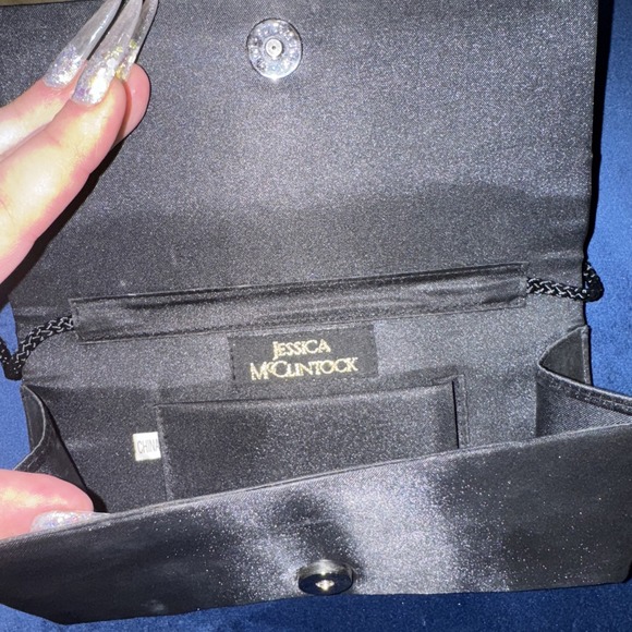 Jessica McClintock Vintage Black Satin Clutch Evening‎ Bag Silver Beaded Band - Picture 4 of 6